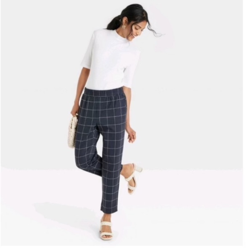Women’s A New Day Navy Blue Windowpane Plaid Pants Pull On Elastic Waist Size S